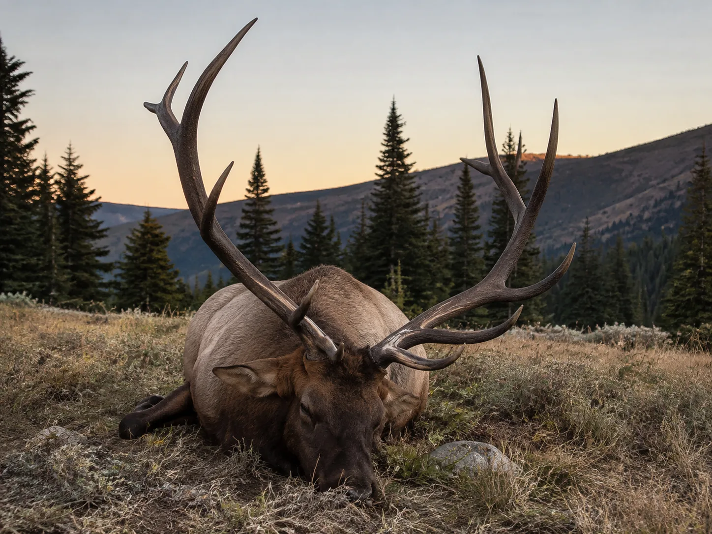 AI-generated editorial example of a harvested bull elk in a mountain meadow