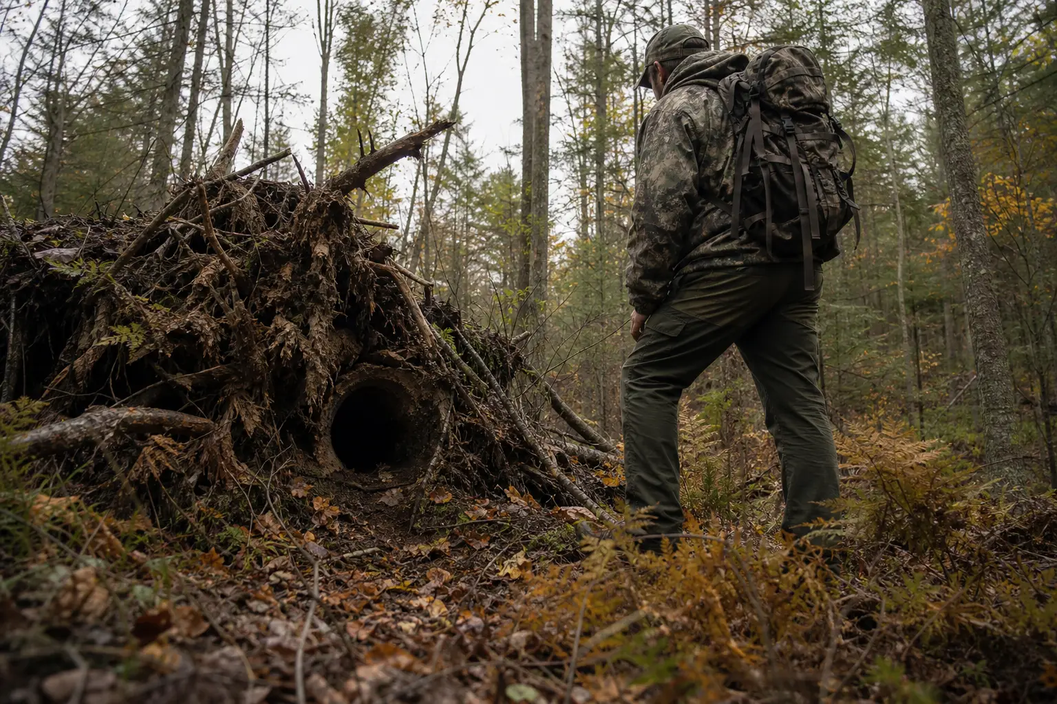 Person in camouflage clothing stands in a forest beside a pile of branches and a large cut log opening