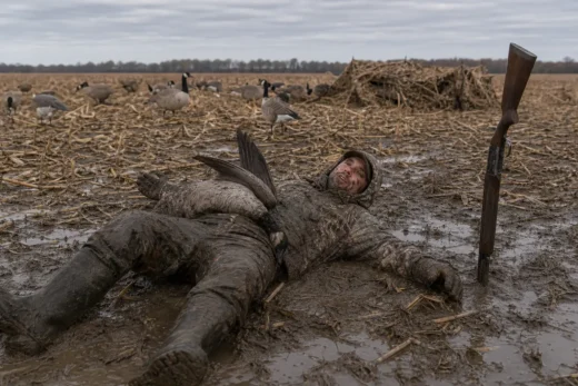 Soldier lies in muddy field with helmet, scattered birds nearby, and a rifle upright in the foreground