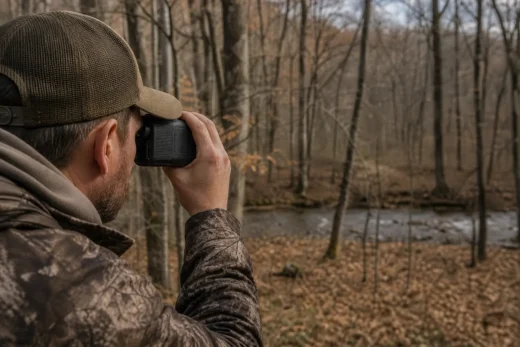 Camouflaged person in a cap aiming a handheld device with both hands in a leafless wooded area