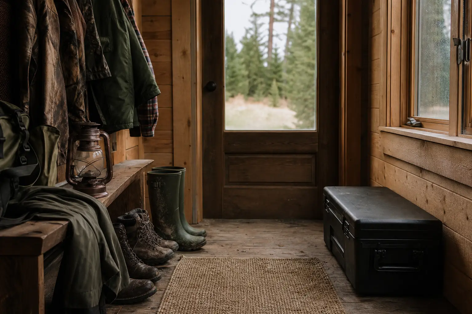 Open wooden cabin entry with boots, a lantern, green water containers, a bench with a closed case, and a rug