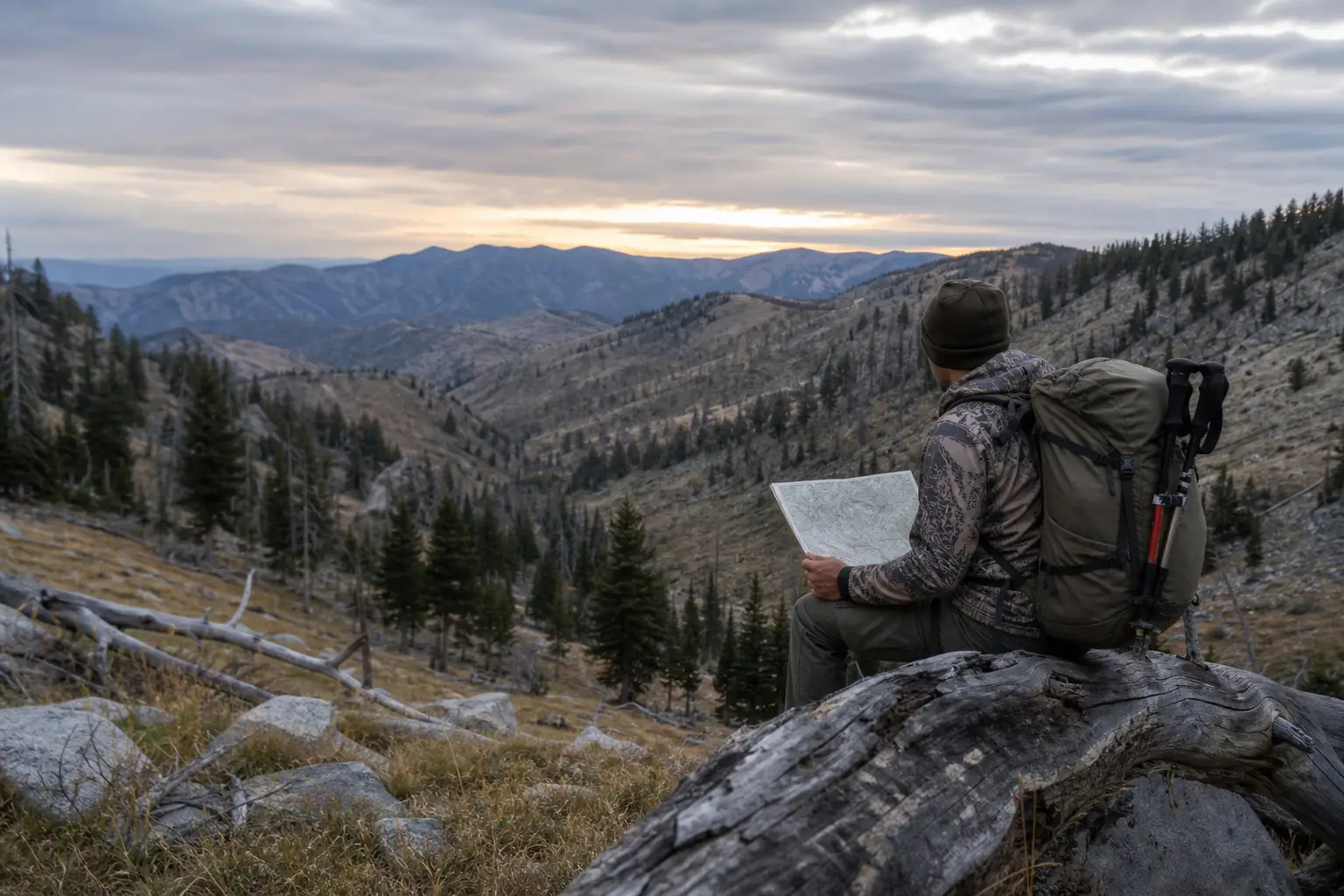 Hiker in camouflage jacket sits on a rock, holding a map, with a forested mountain valley and cloudy sky behind