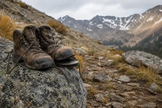 Worn hiking boots resting on a rock in a rocky mountain valley with distant peaks and cloudy sky