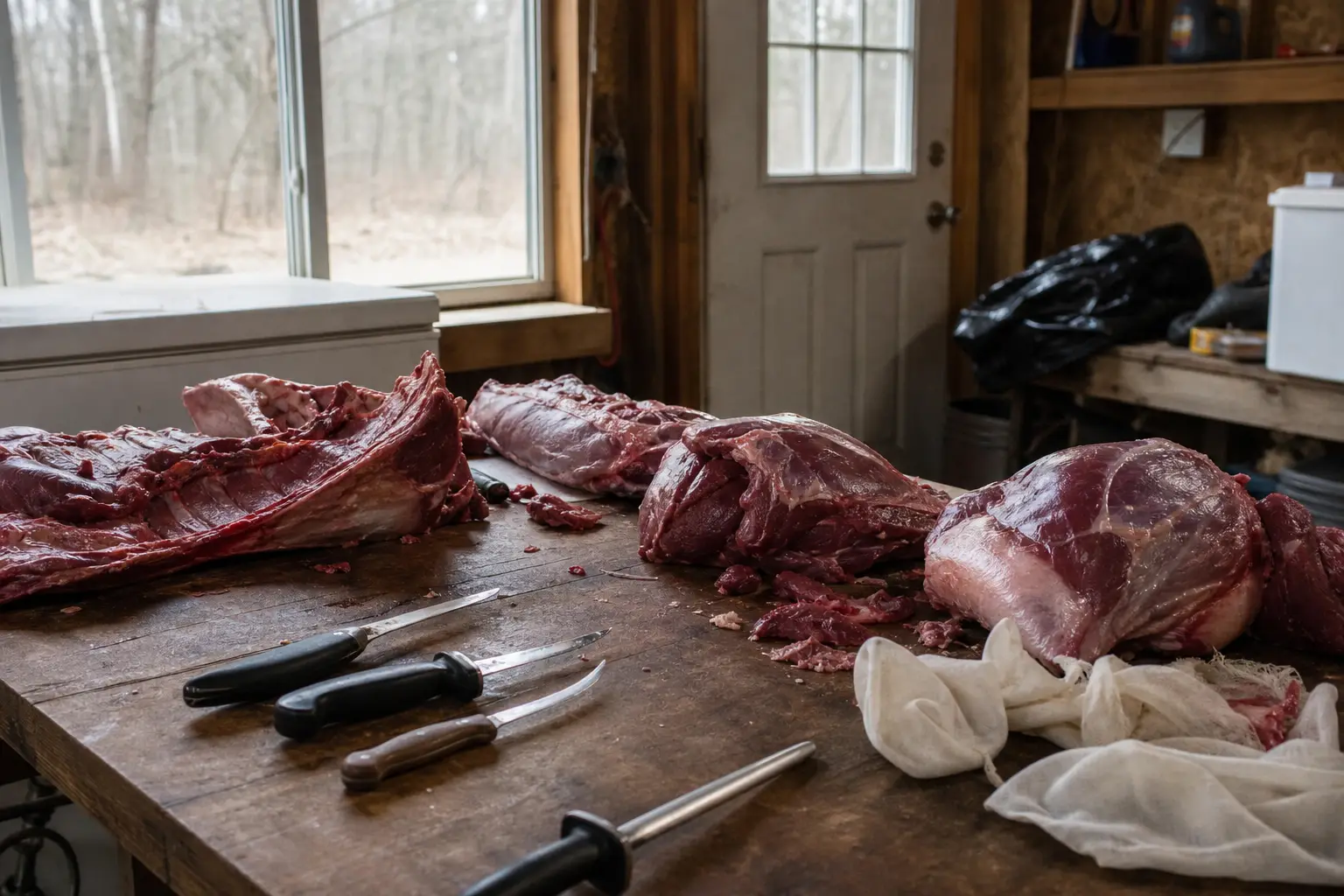 Butcher table with several large pieces of raw meat, knives, and a white cloth near a door and window