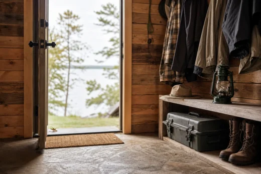 Open wooden doorway with a doormat, view outside through a glass panel, and a bench with lantern and storage box