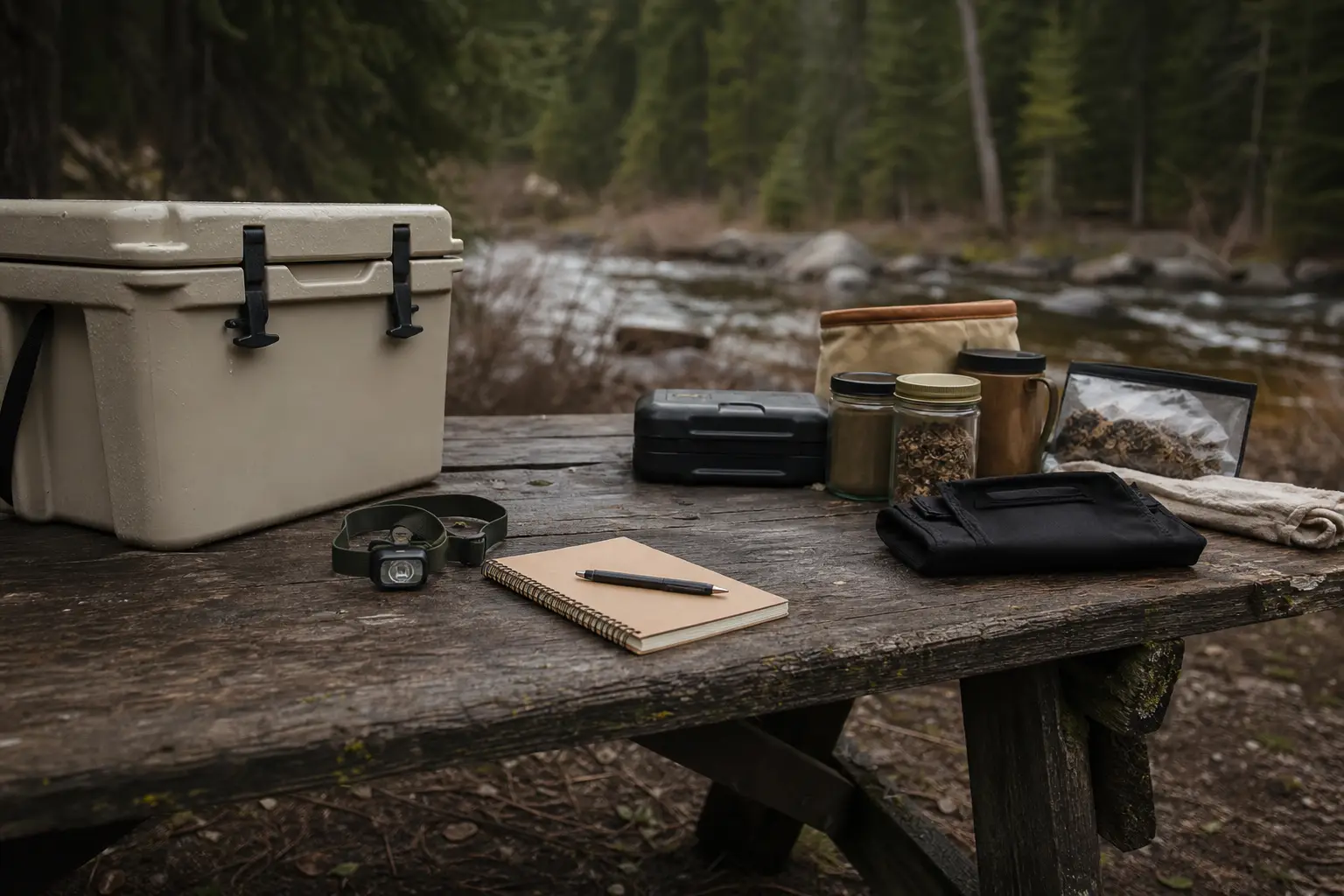 Outdoor camping table with a cooler, notebook, pen, cook pots, thermos, gloves, and a field bag on wood