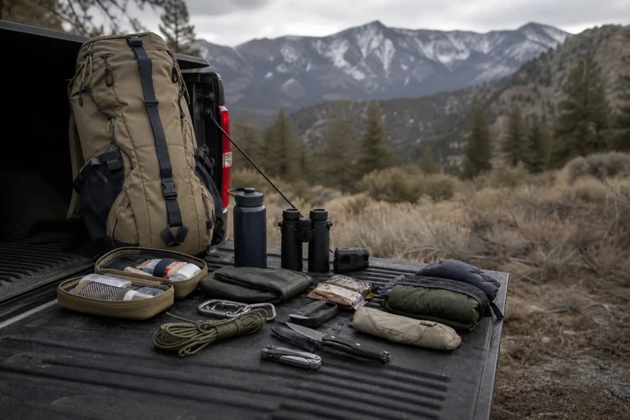 Backpack, thermos and binoculars on a pickup truck bed, with mountains and forested hills in the background