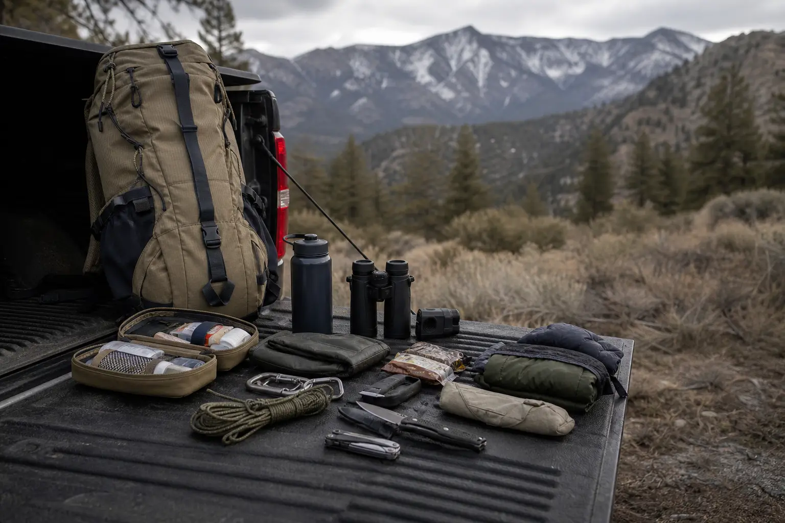 Backpack, thermos and binoculars on a pickup truck bed, with mountains and forested hills in the background