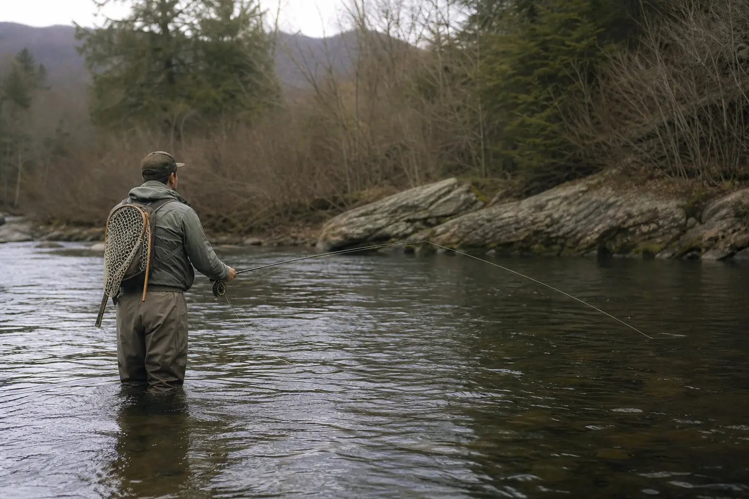 Person in outdoor gear stands in a shallow river holding a fishing rod, with forested banks and mountains in the background
