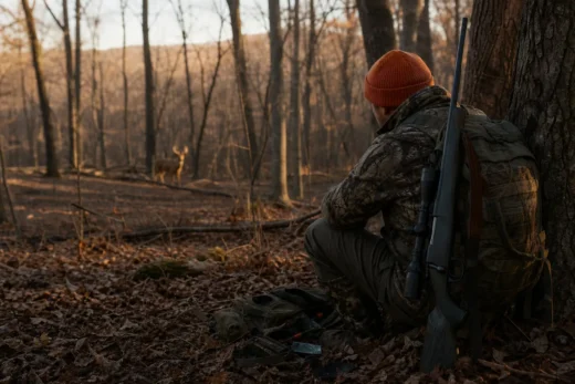 Crouching person in camouflage and orange knit cap, holding a long firearm near a tree in a wooded area