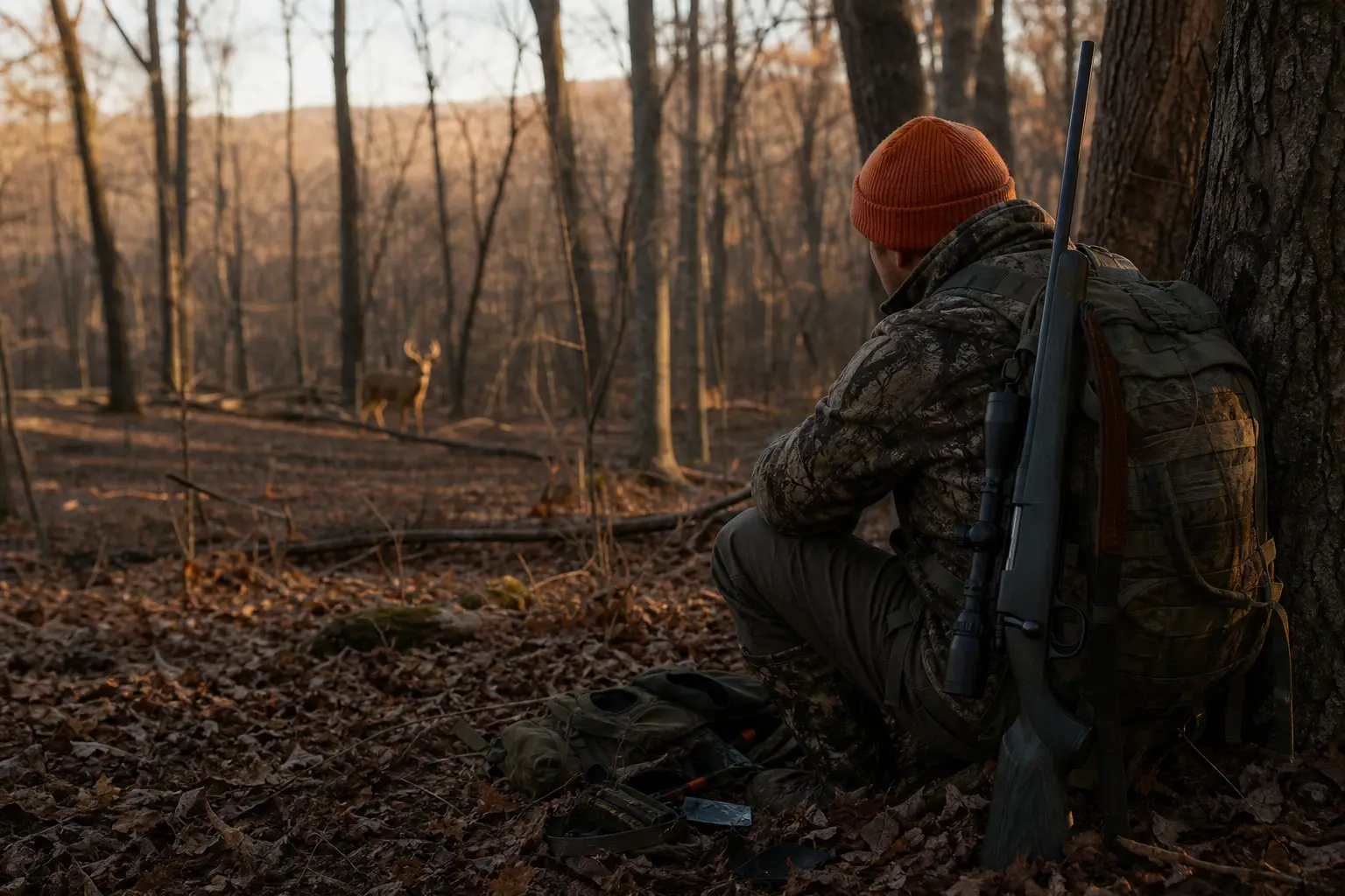 Crouching person in camouflage and orange knit cap, holding a long firearm near a tree in a wooded area
