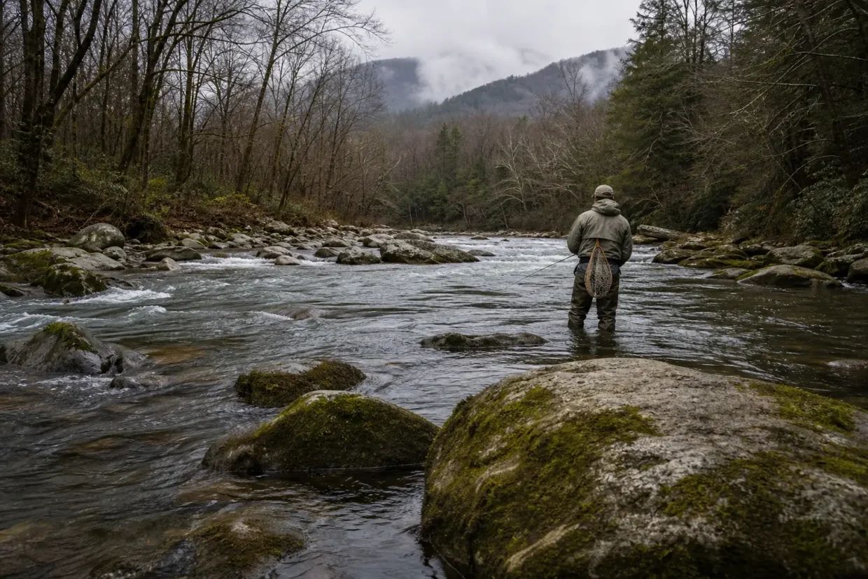 Person standing in a shallow rocky stream, holding a net, with forested hills and misty mountains in the background