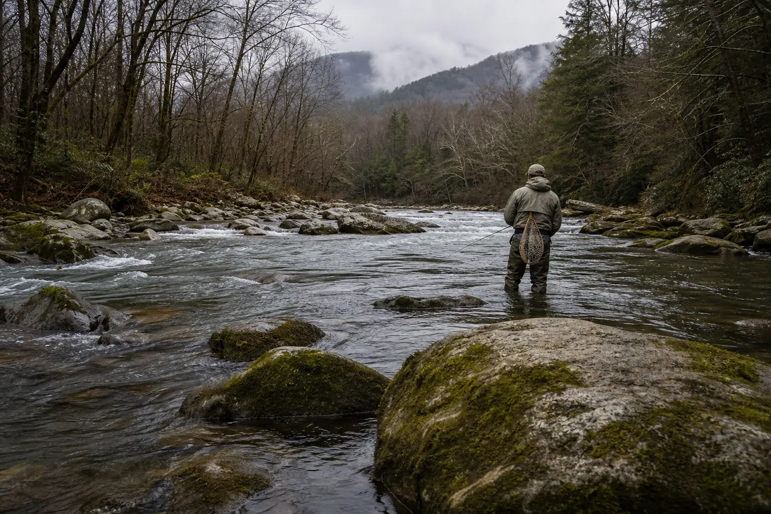 Person standing in a shallow rocky stream, holding a net, with forested hills and misty mountains in the background