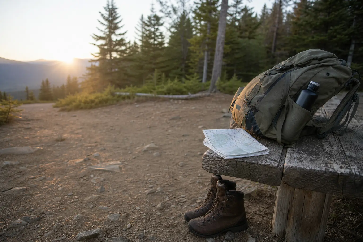 Green backpack and folded map rest on a wooden log beside hiking boots in a forest clearing at sunset