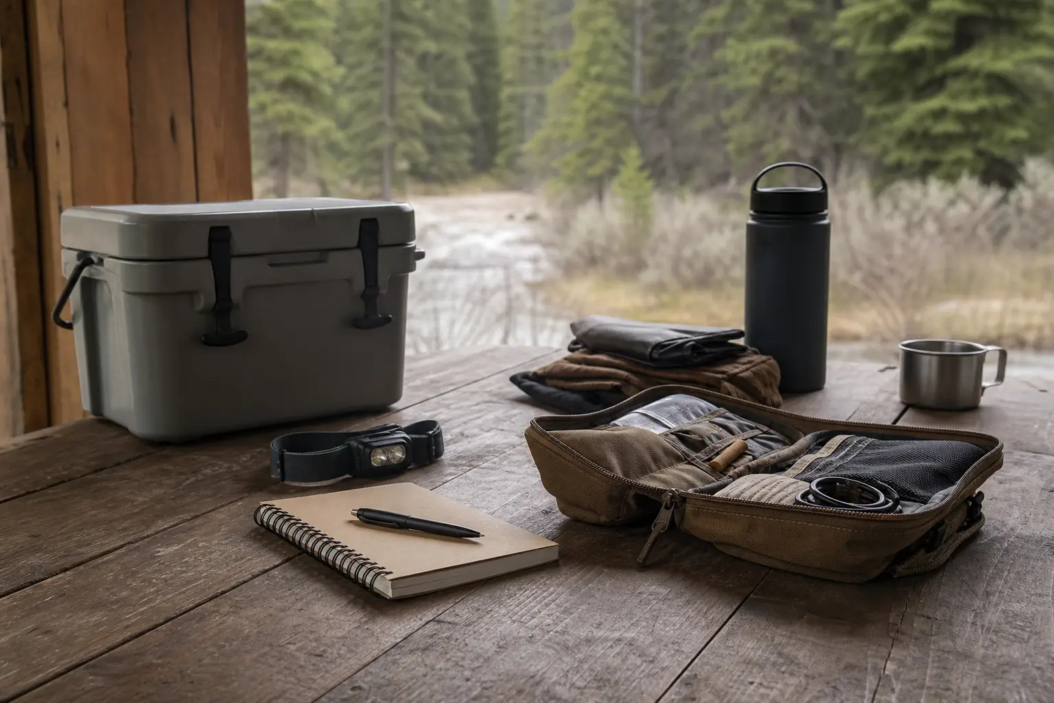 Camping gear on a wooden porch: gray cooler, dark thermos, canvas pouch with tools, metal mug, notebook, and headlamp
