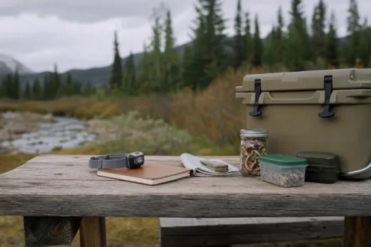 Tan case on a wooden table beside a jar, green container, notebook, folded cloth, and a small device by a river