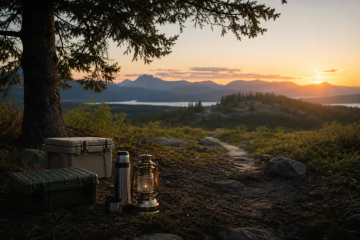 Camping gear with a lantern and water bottle sits on the ground beside a storage case, overlooking mountains at sunset