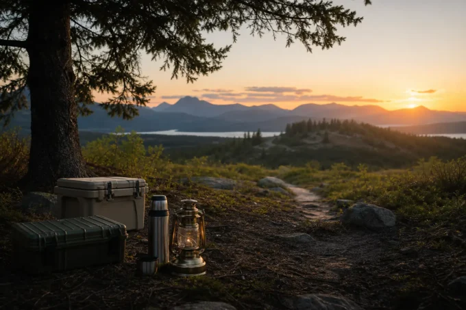 Camping gear with a lantern and water bottle sits on the ground beside a storage case, overlooking mountains at sunset