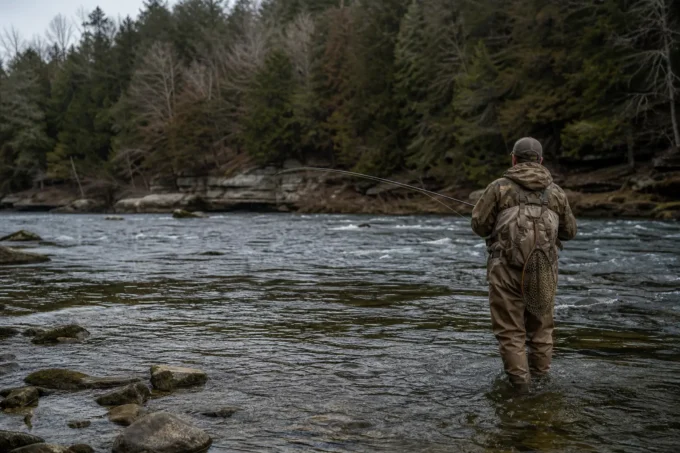 A person in camouflage waders stands in a river, holding a fishing rod with line cast toward the water