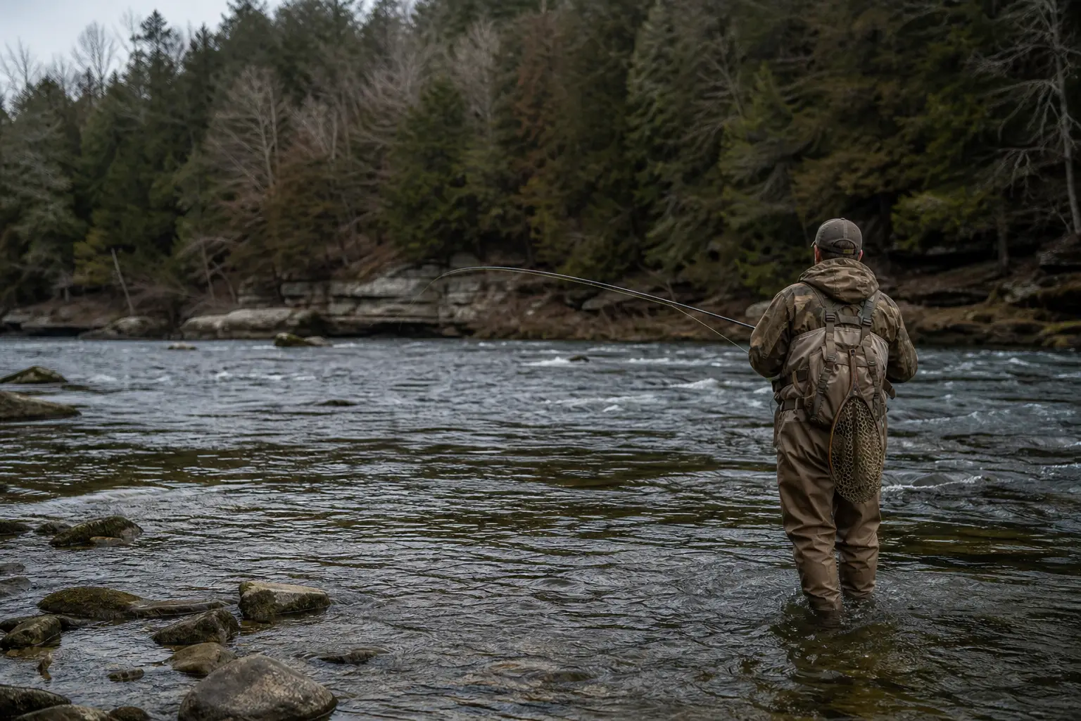 A person in camouflage waders stands in a river, holding a fishing rod with line cast toward the water