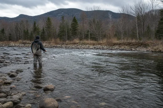 A person wading in a rocky river, wearing waders and a hood, with forested mountains and cloudy sky behind