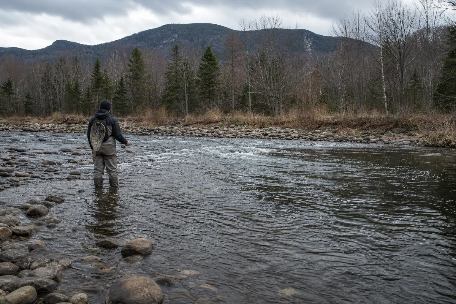 A person wading in a rocky river, wearing waders and a hood, with forested mountains and cloudy sky behind