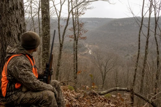 Camouflaged hunter in orange vest rests beside a tree, holding a rifle, looking over a forested valley