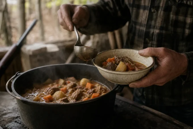Person holds a ladle over a bowl of stew while another large pot simmers behind it on a grill