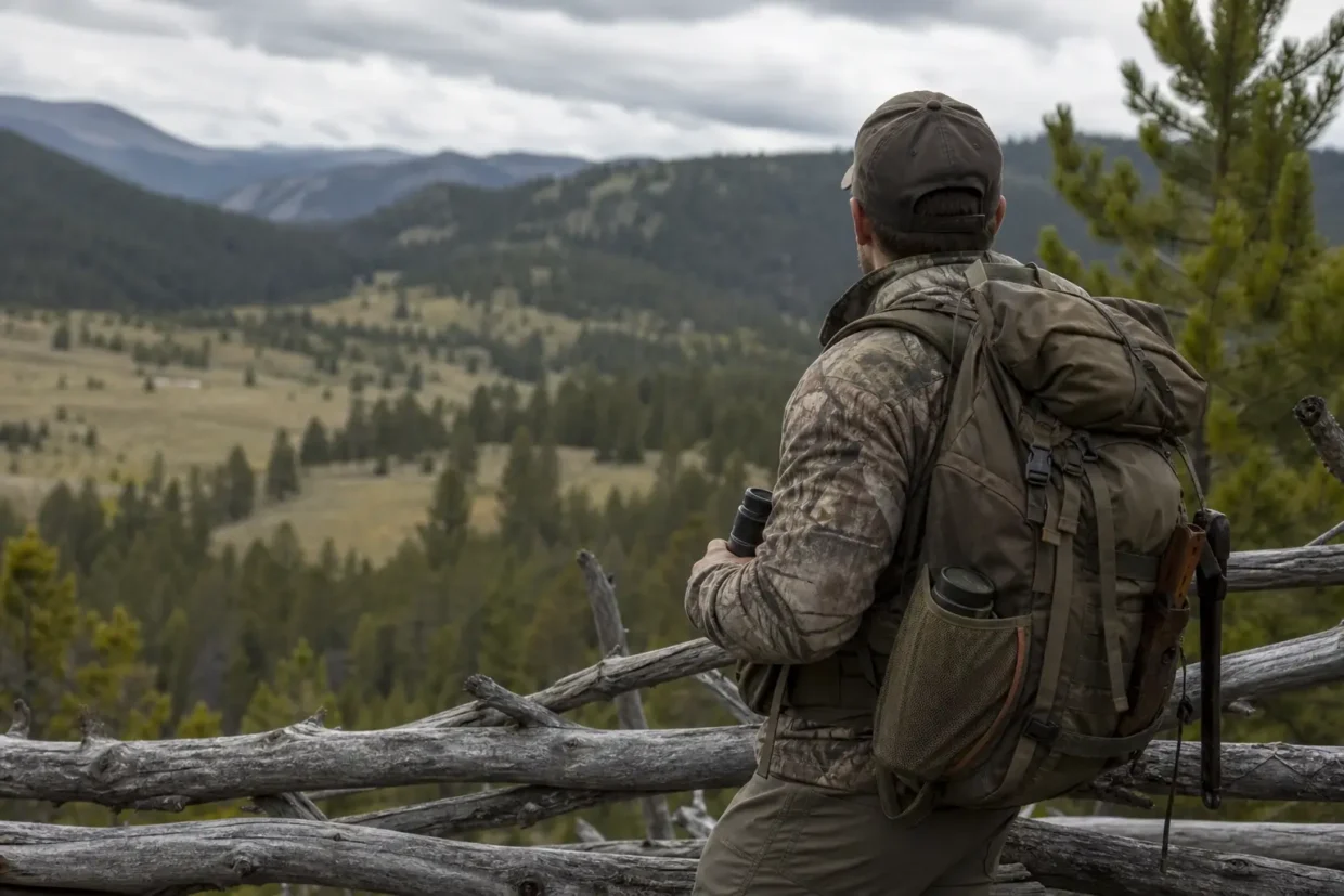 A person in camouflage stands behind a wooden fence, facing rolling green mountains under a cloudy sky