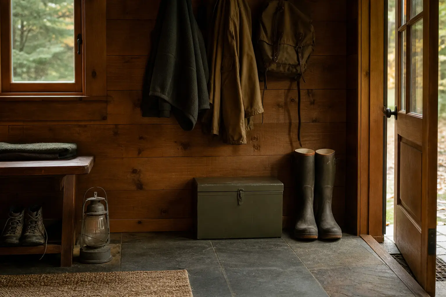 Coats hanging on a wooden wall by a door, with boots, a metal container, and lantern near the window