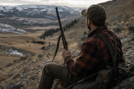 Person sitting on a hillside holding a long black shotgun-style rifle, wearing a cap, plaid shirt, and backpack