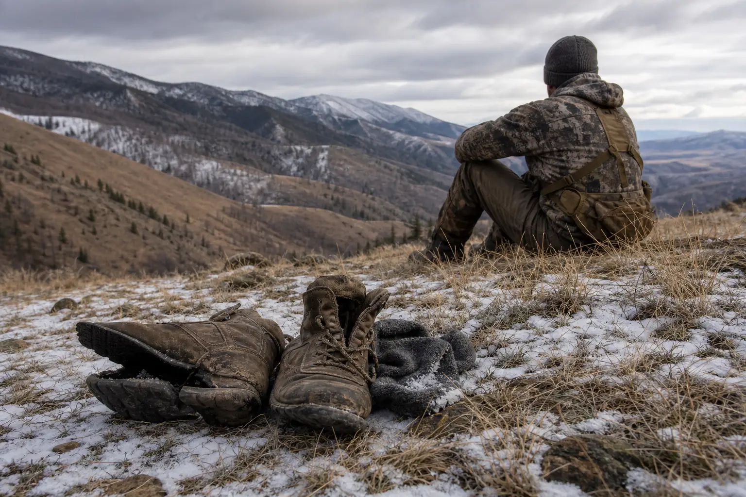 Soldier in camouflage jacket and boots crouches on snowy ground, facing away toward mountains under overcast sky