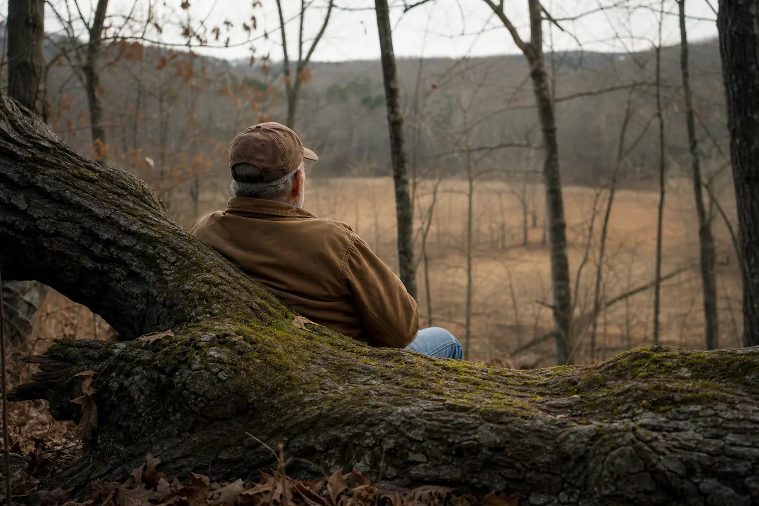 Person in a brown jacket and cap sits behind a mossy stone wall, looking toward leafless trees and distant hills