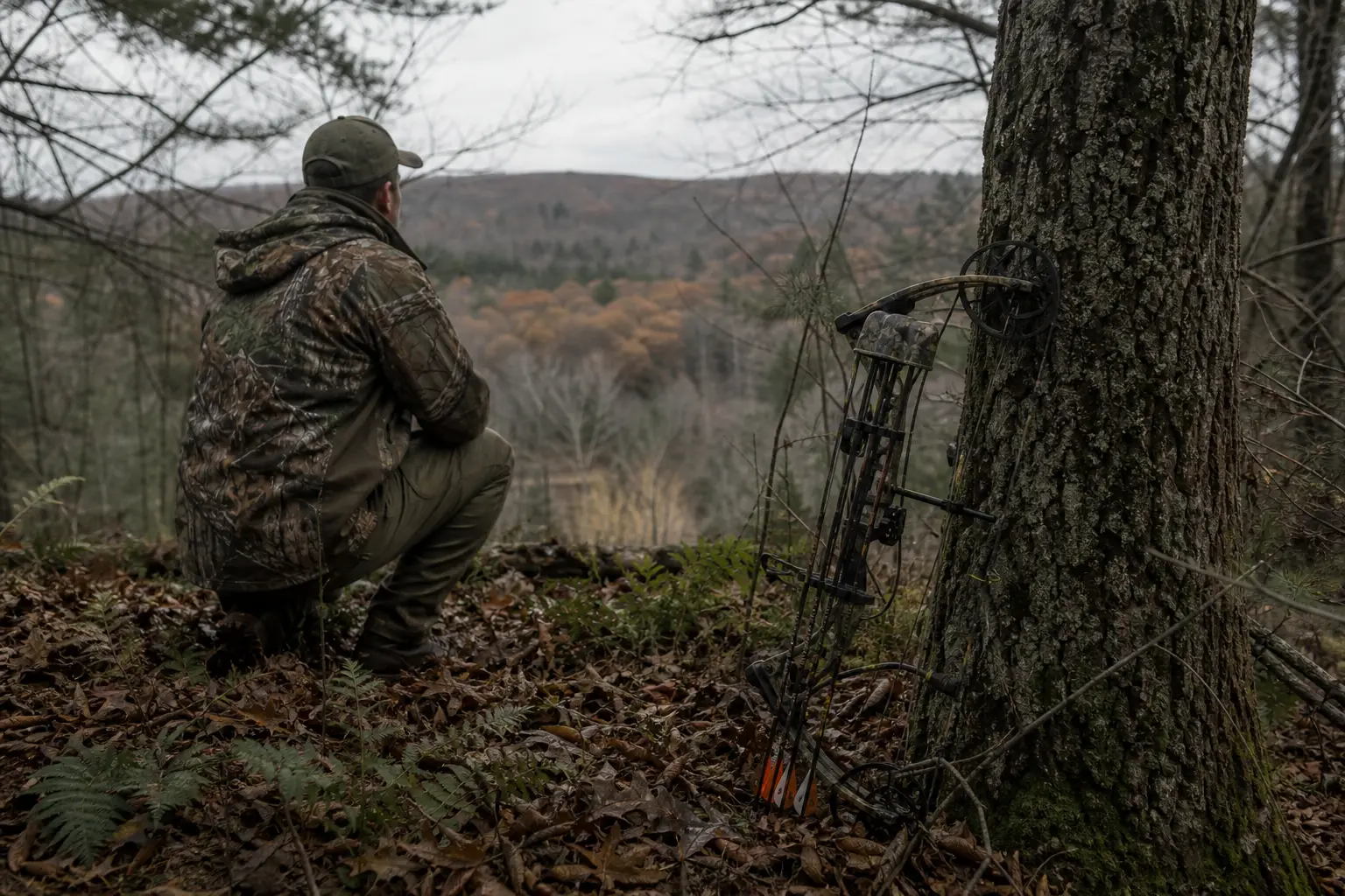 A camouflaged person crouches in a forest with a tripod-mounted device beside a tree, looking toward distant hills
