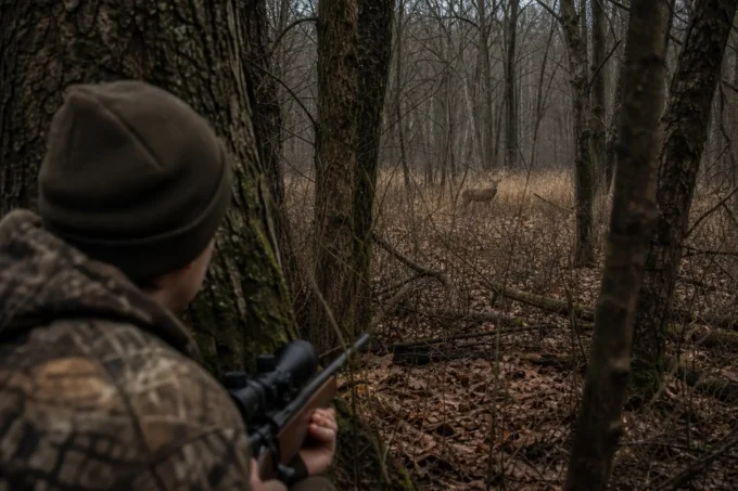 Man in camouflage aiming a rifle from behind bushes; trees and leaf litter in a wooded area ahead