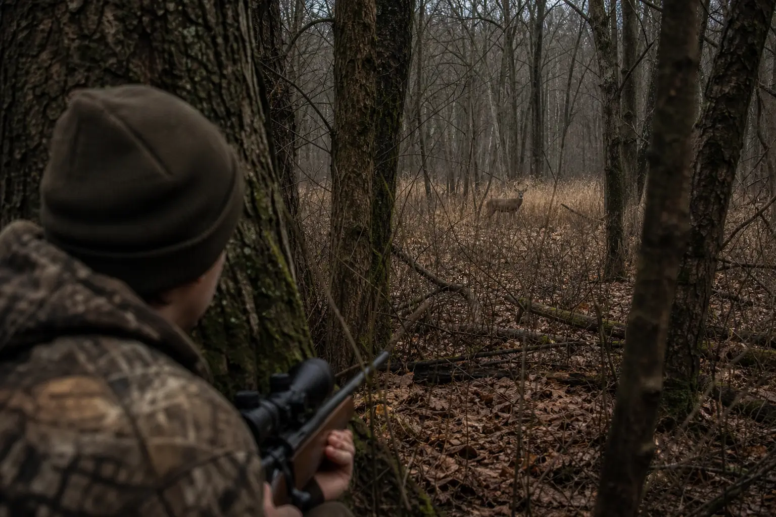 Man in camouflage aiming a rifle from behind bushes; trees and leaf litter in a wooded area ahead