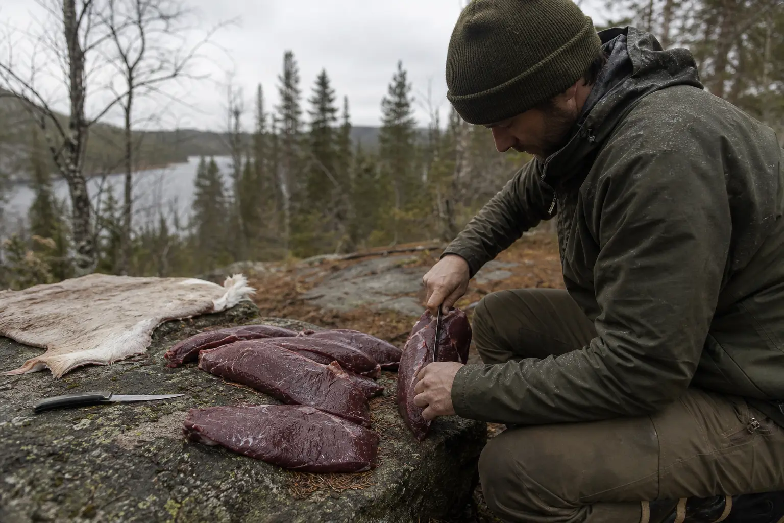Man in green jacket and beanie kneels by a rock, cutting large pieces of meat with a knife outdoors