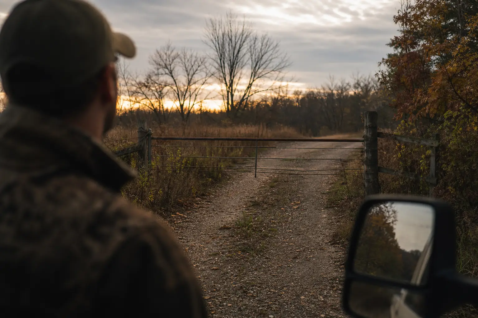Person in cap and jacket and a car side mirror in the foreground, looking toward a fenced dirt road at sunset