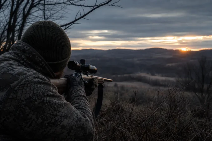 Person in camouflage aiming a scoped rifle at dusk, with leafless branches and a valley sunset in the background