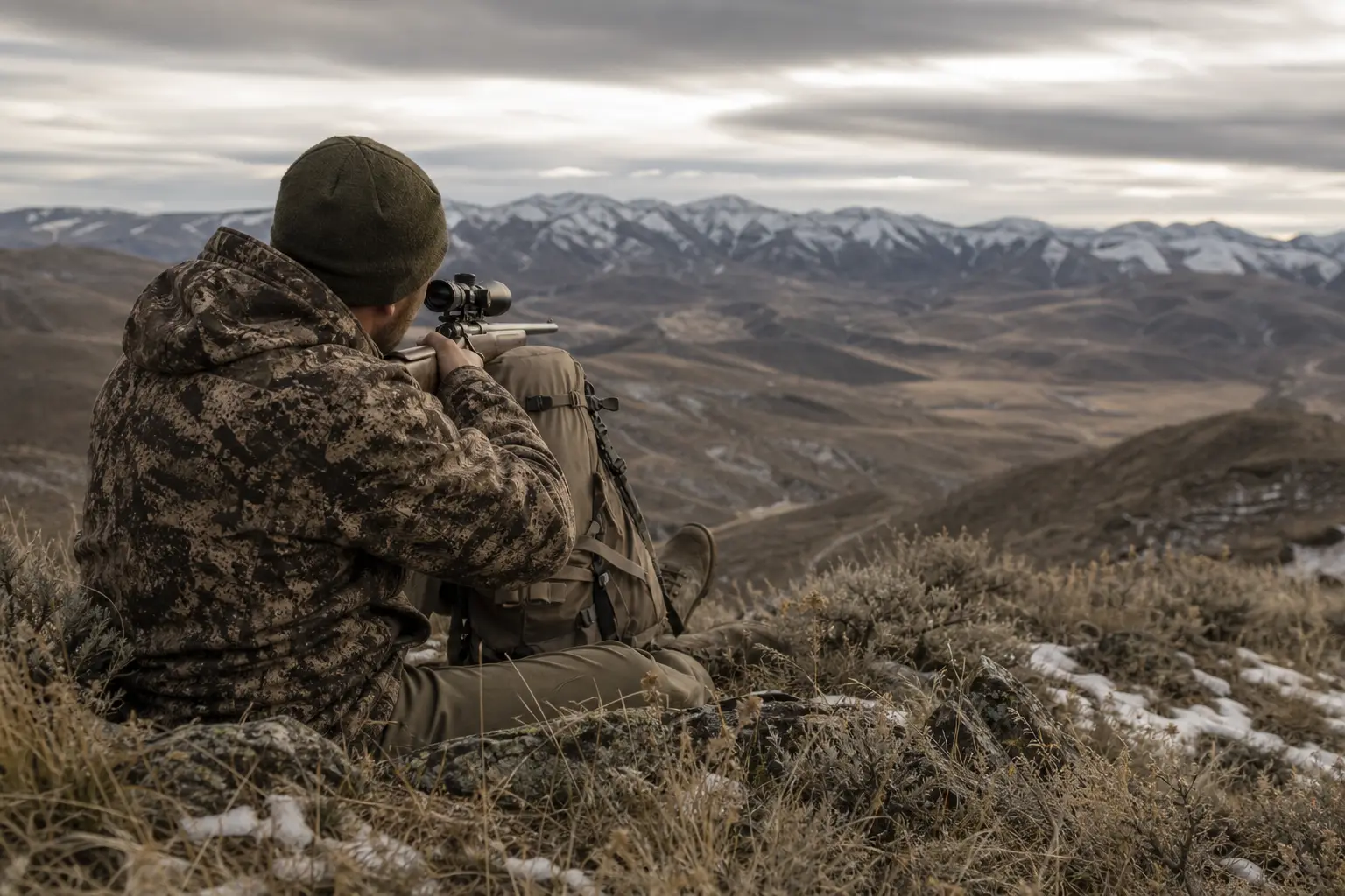 Camouflaged person crouching on rocky grass, aiming a rifle scope toward distant mountains under a cloudy sky