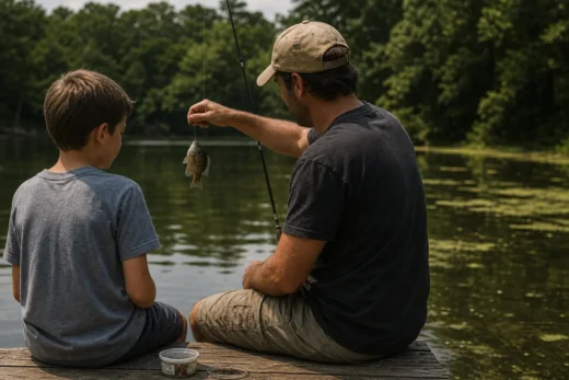 Two boys kneel on a wooden dock by a lake, one holding a fishing rod above a small fish lure