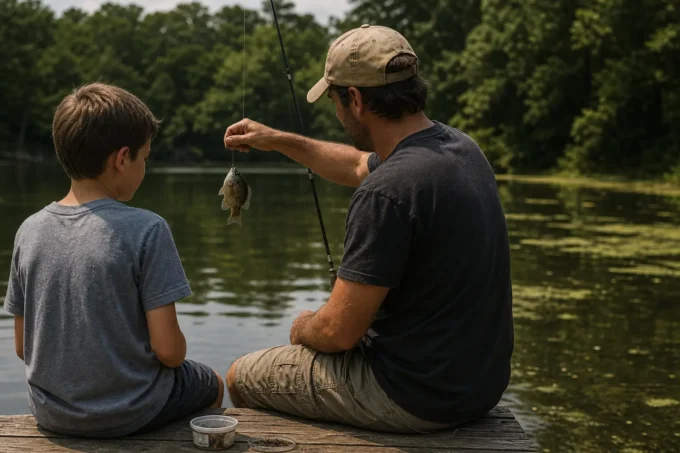 Two boys kneel on a wooden dock by a lake, one holding a fishing rod above a small fish lure