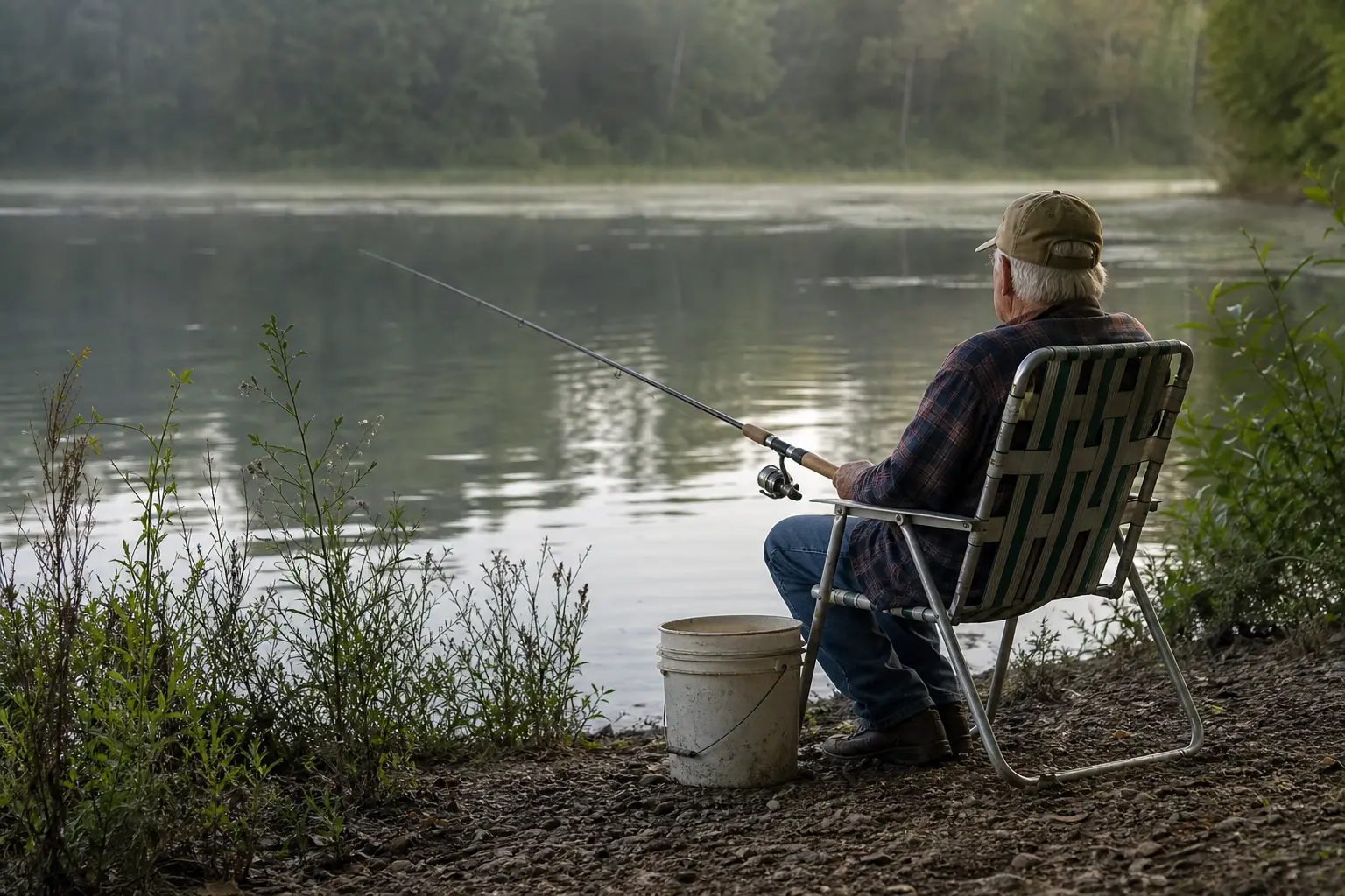 An older man in a cap sits on a striped chair by a lake, holding a fishing rod and line