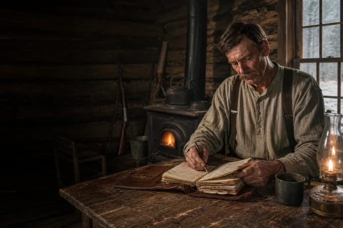 Amos writing in his leather recipe folder inside an Ozarks cabin around 1905