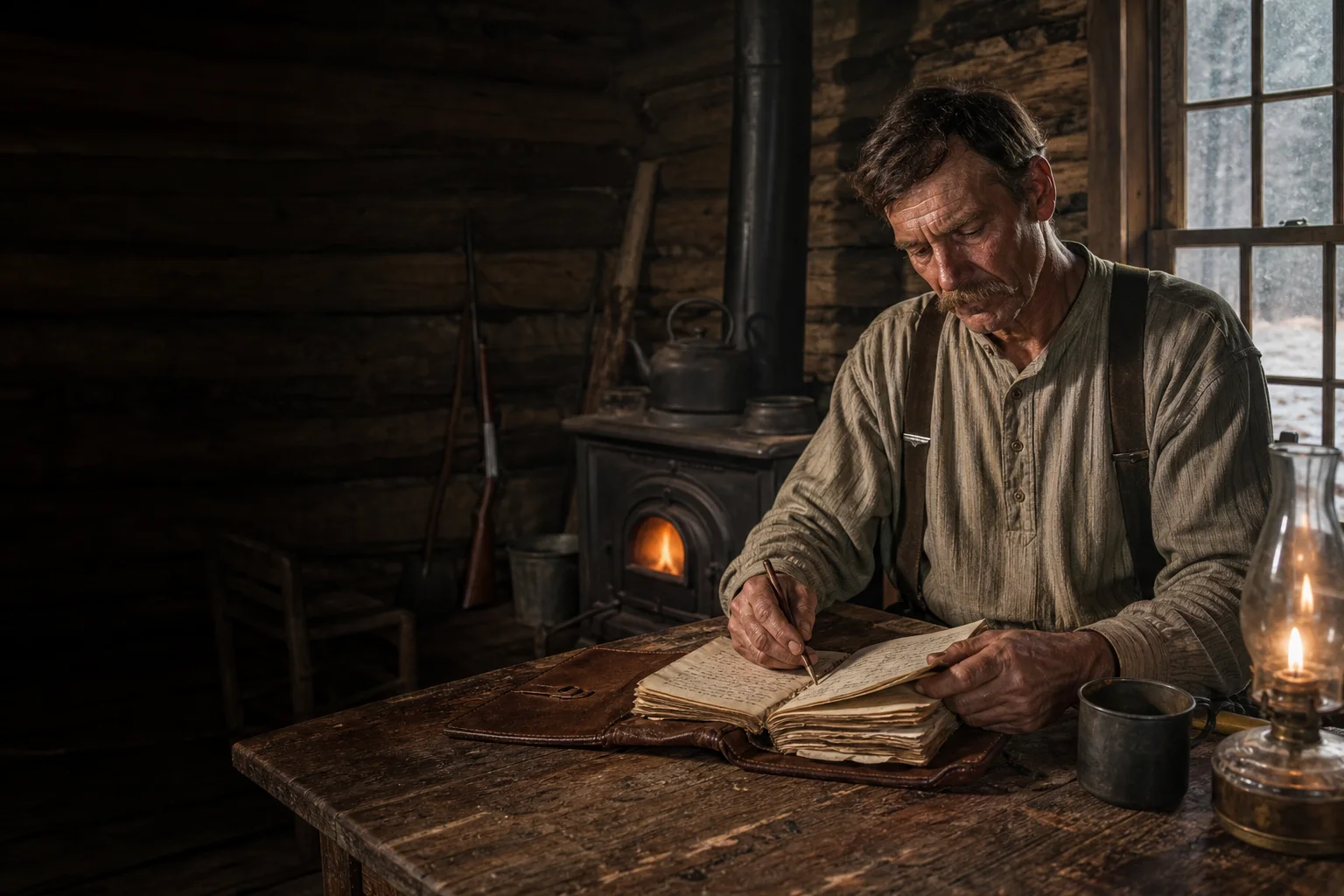Amos writing in his leather recipe folder inside an Ozarks cabin around 1905
