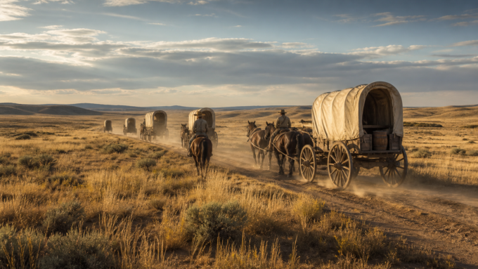 Covered wagons crossing open American prairie on a long overland trail