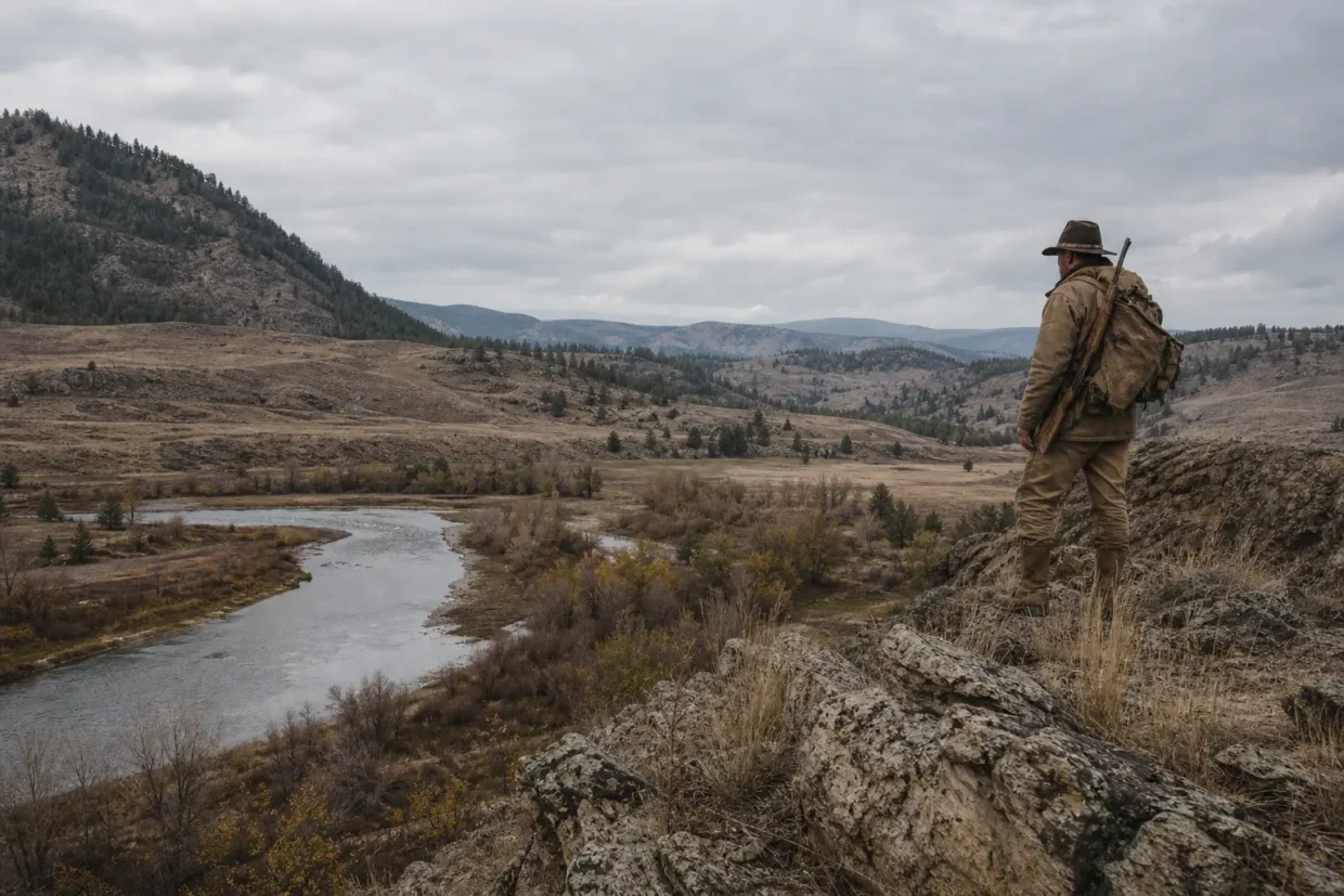 A person in camouflage stands on a rocky hillside overlooking a winding river through a dry valley and distant mountains