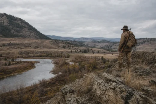 A person in camouflage stands on a rocky hillside overlooking a winding river through a dry valley and distant mountains