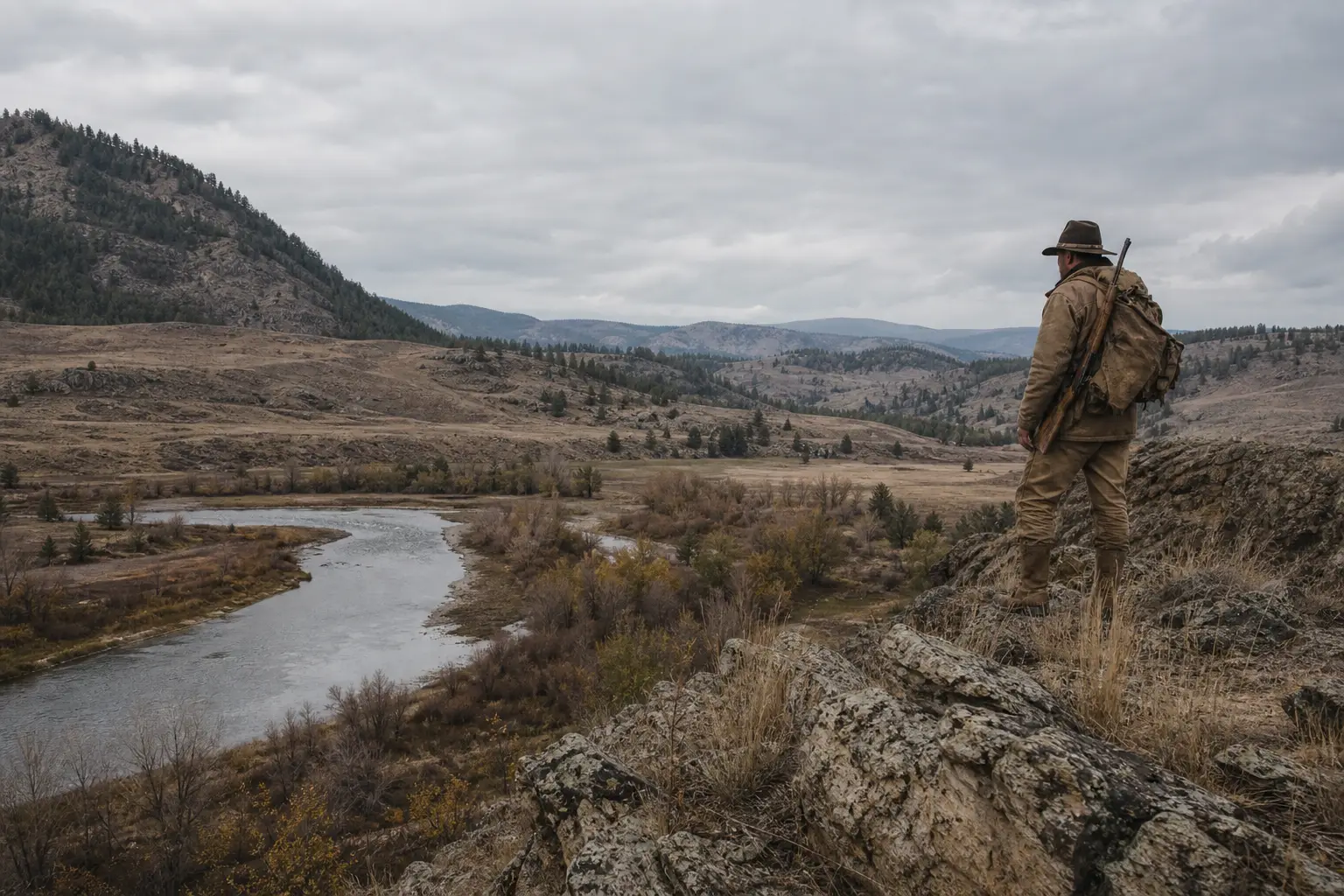 A person in camouflage stands on a rocky hillside overlooking a winding river through a dry valley and distant mountains