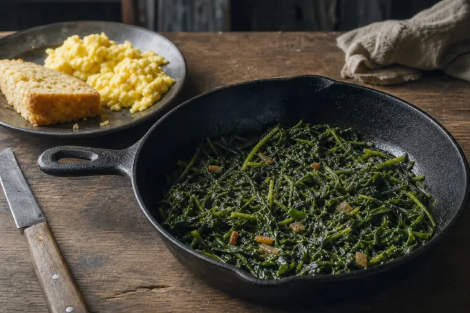 Editorial image for Recipe No. 17: Poke Sallet in Great-Grandfather’s Leather Folder, Recipe No. 17: Poke Sallet